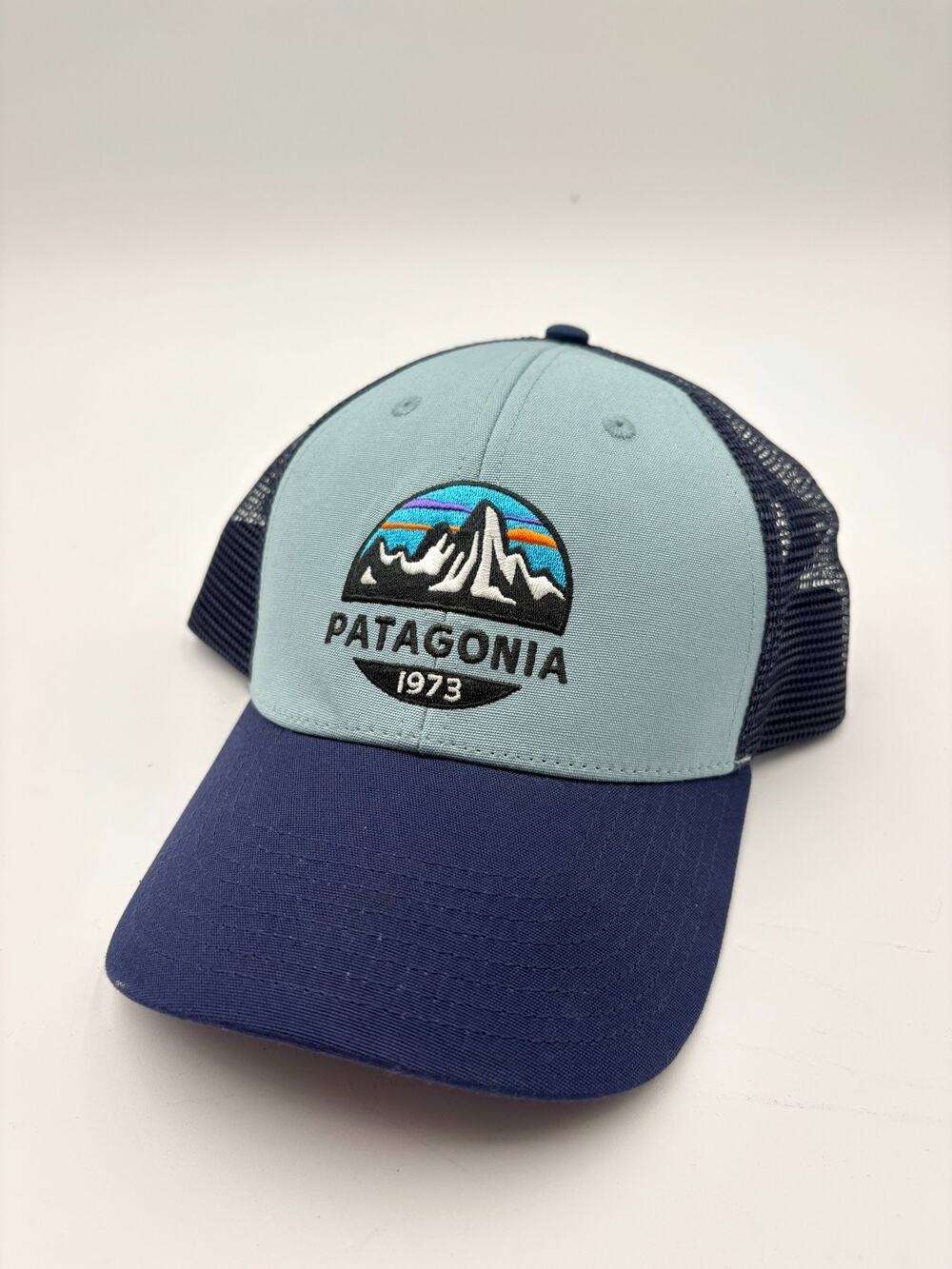 Patagonia 1973 Fitz Roy Trucker Hat Blue/Grey Snapback Mountain Logo Embroidered